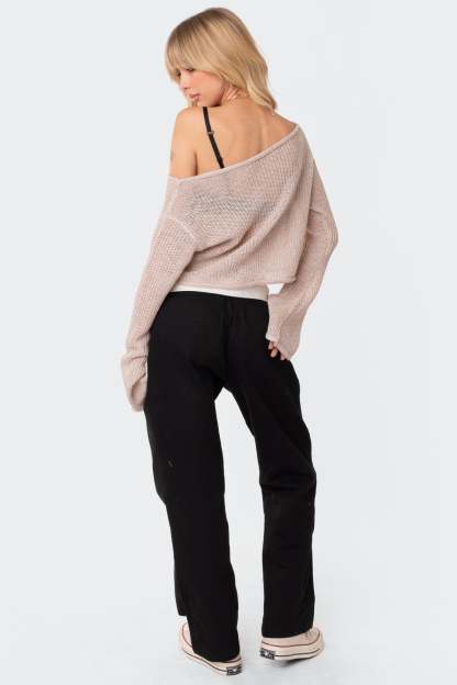 Emmie Off The Shoulder Sheer Knitted Top - BEIGE