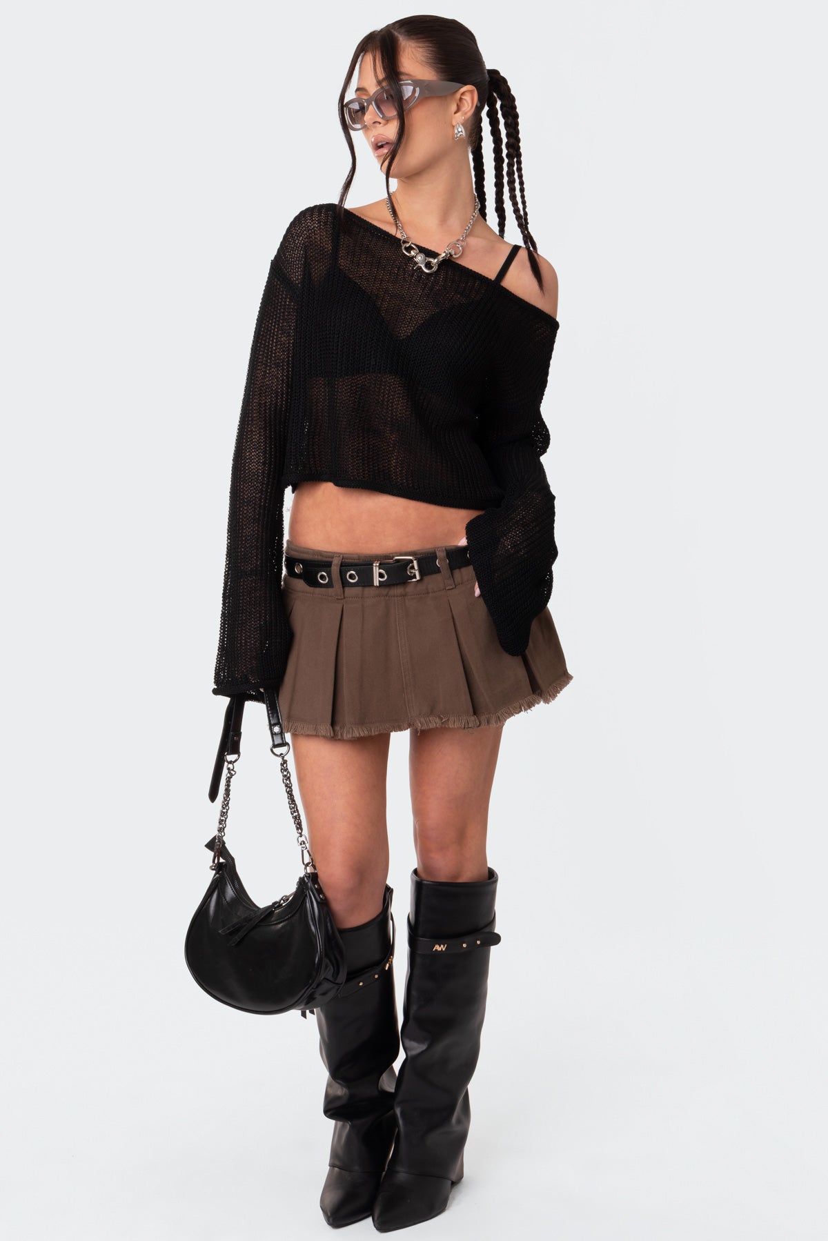 Emmie Off The Shoulder Sheer Knitted Top - BLACK