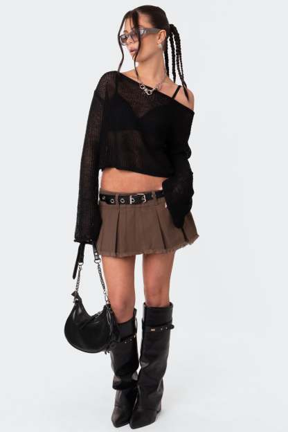 Emmie Off The Shoulder Sheer Knitted Top - BLACK