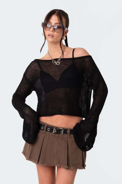 Emmie Off The Shoulder Sheer Knitted Top - BLACK