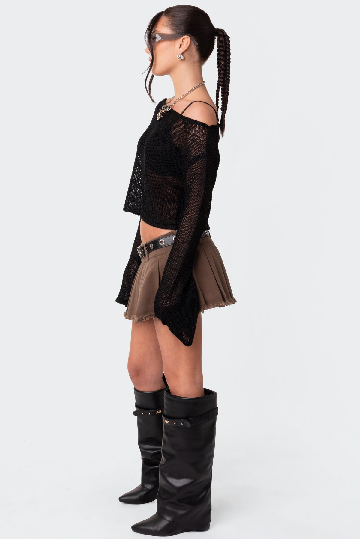 Emmie Off The Shoulder Sheer Knitted Top - BLACK