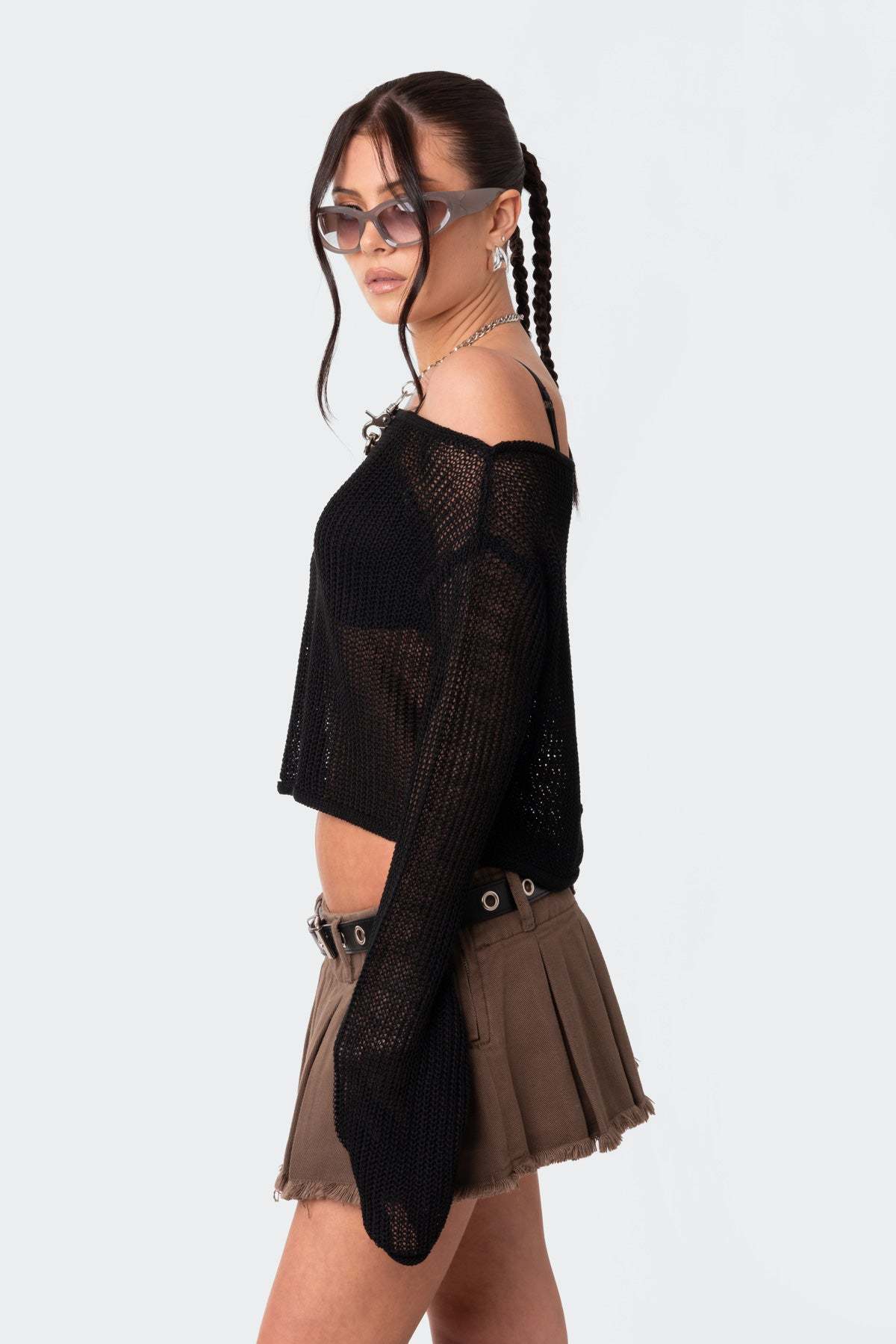 Emmie Off The Shoulder Sheer Knitted Top - BLACK