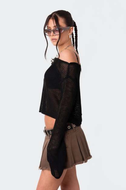 Emmie Off The Shoulder Sheer Knitted Top - BLACK