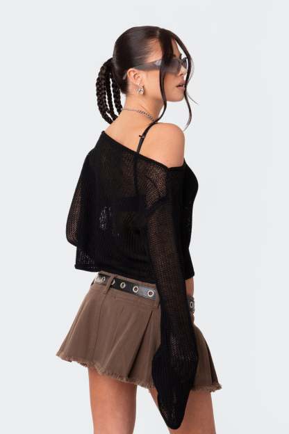 Emmie Off The Shoulder Sheer Knitted Top - BLACK