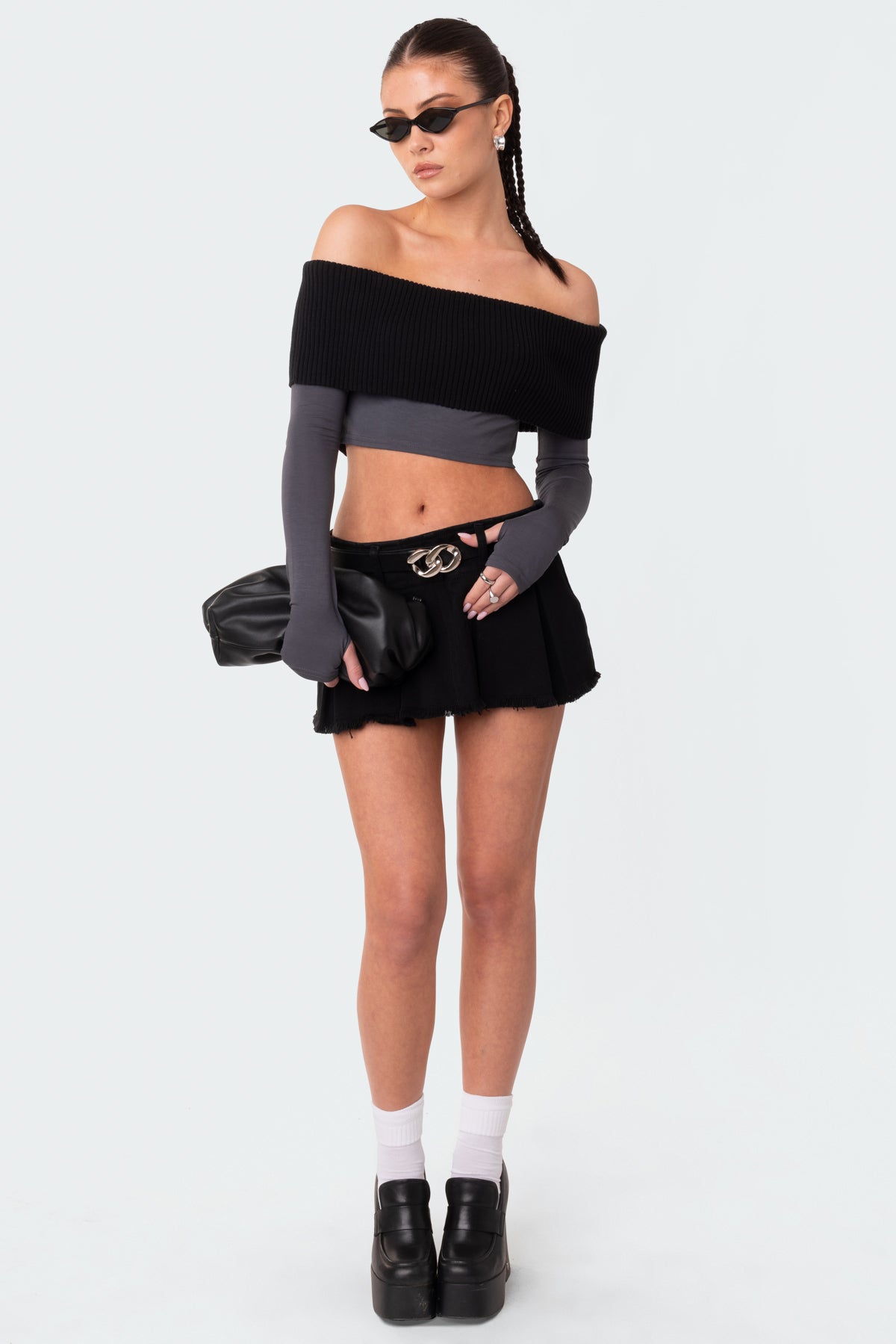 Alma Off Shoulder Half Knit Top - GRAY