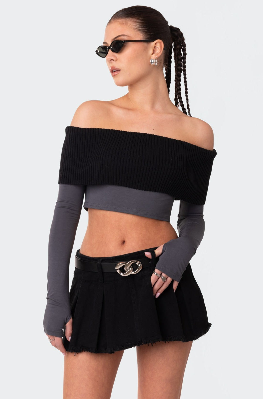 Alma Off Shoulder Half Knit Top - GRAY