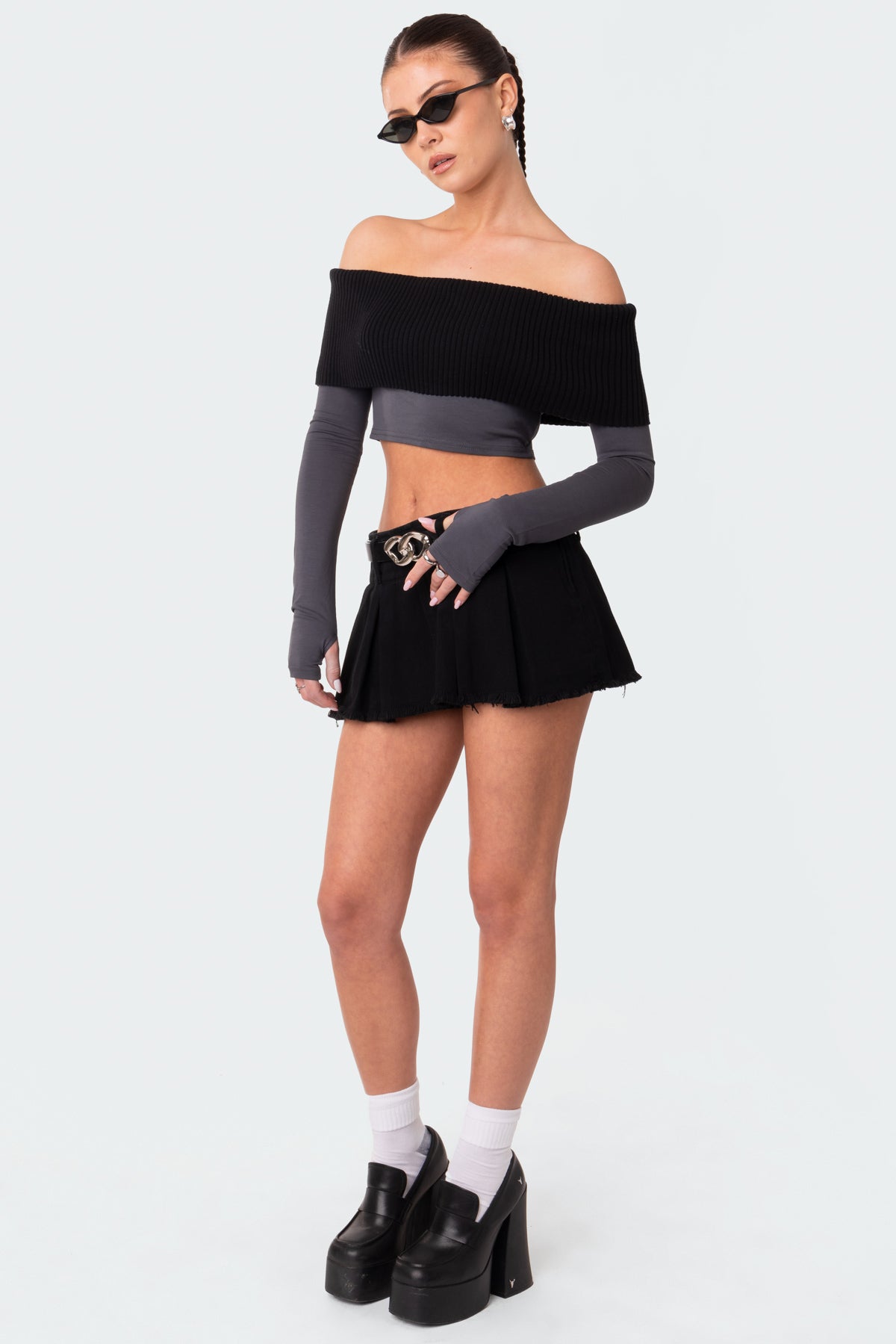 Alma Off Shoulder Half Knit Top - GRAY