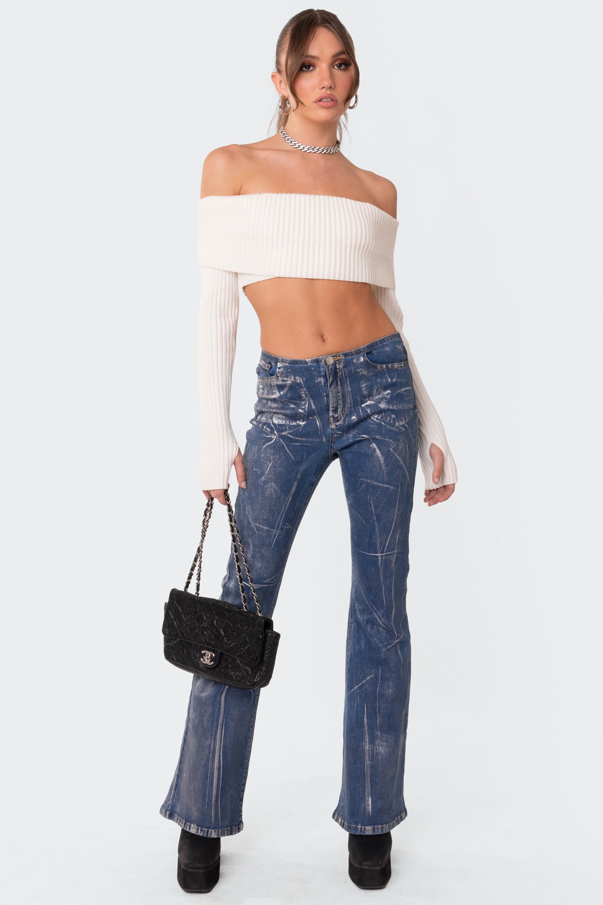 Astrea Fold Over Cropped Sweater - CREAM