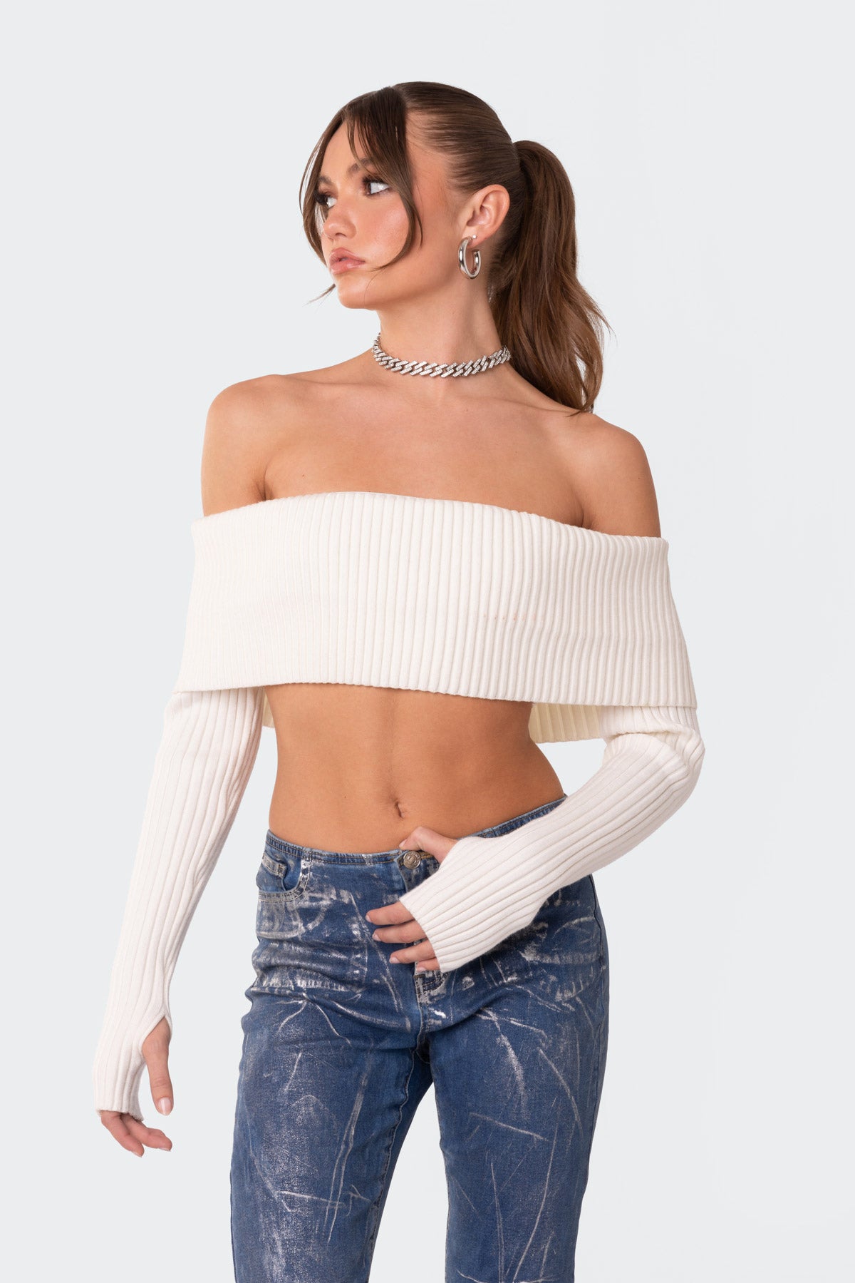 Astrea Fold Over Cropped Sweater - CREAM