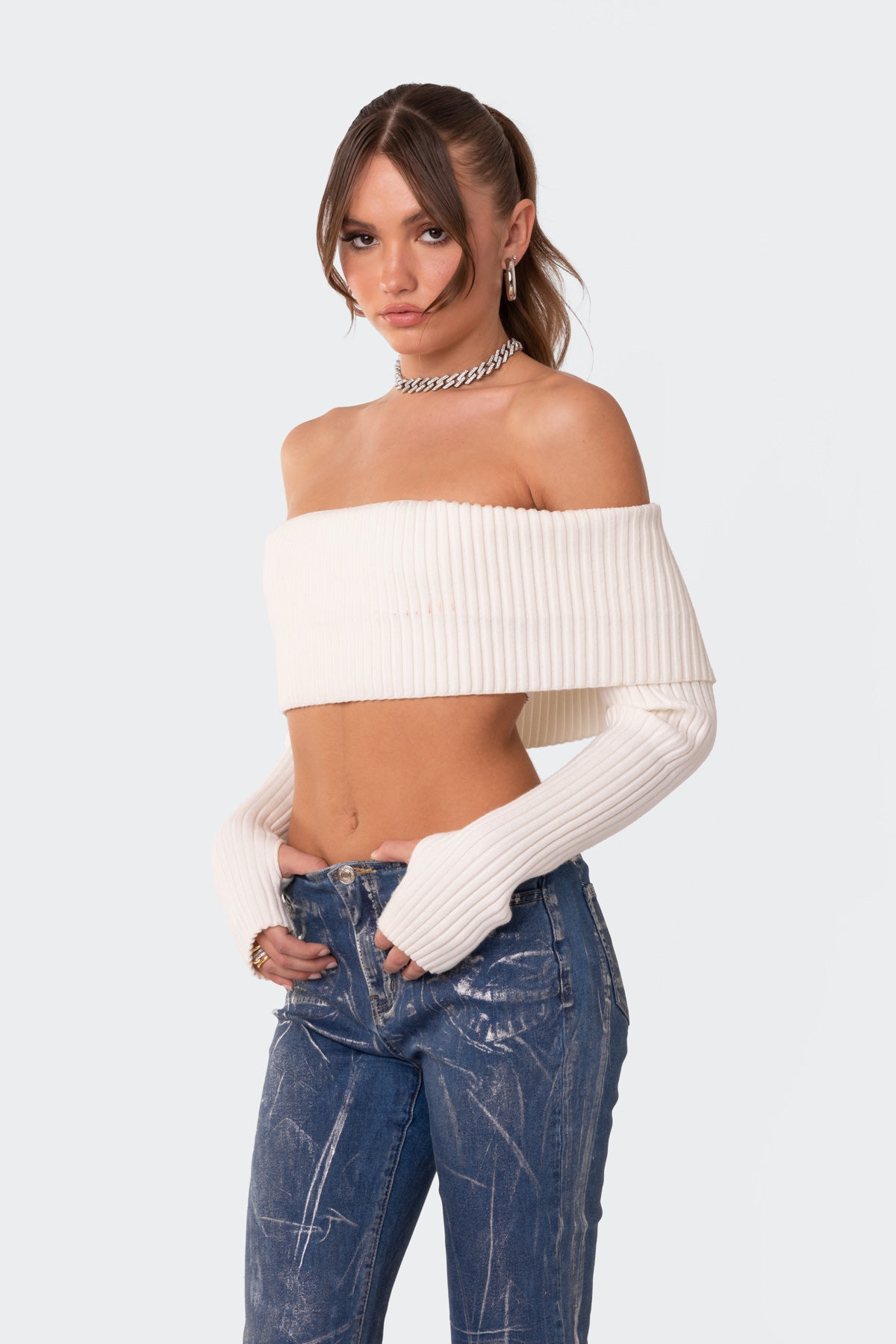Astrea Fold Over Cropped Sweater - CREAM