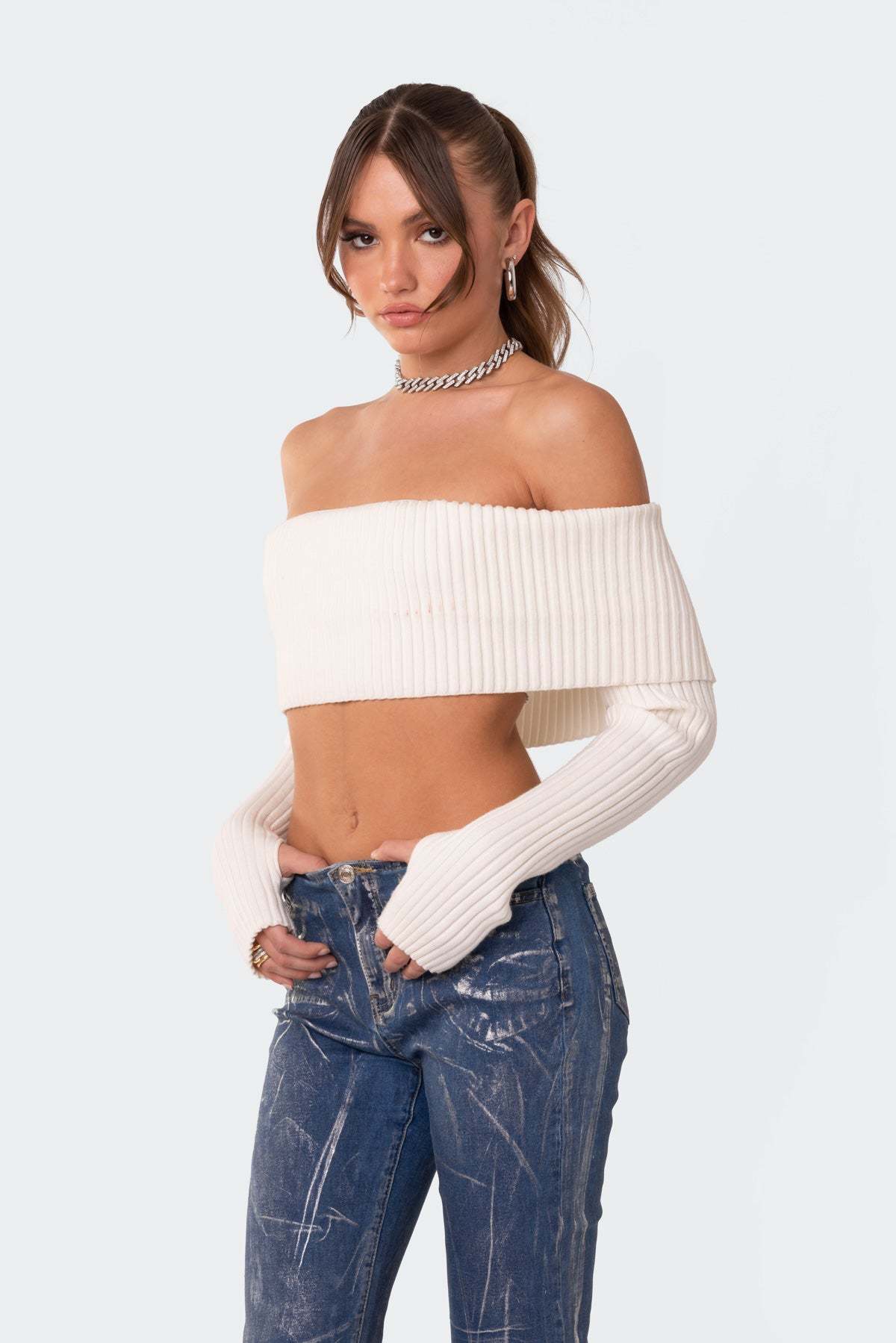 Astrea Fold Over Cropped Sweater - CREAM