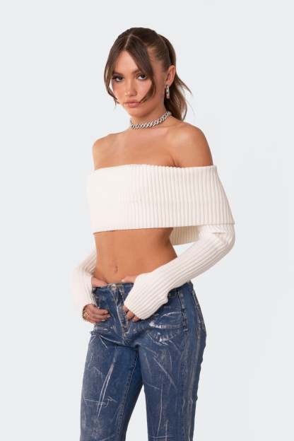 Astrea Fold Over Cropped Sweater - CREAM