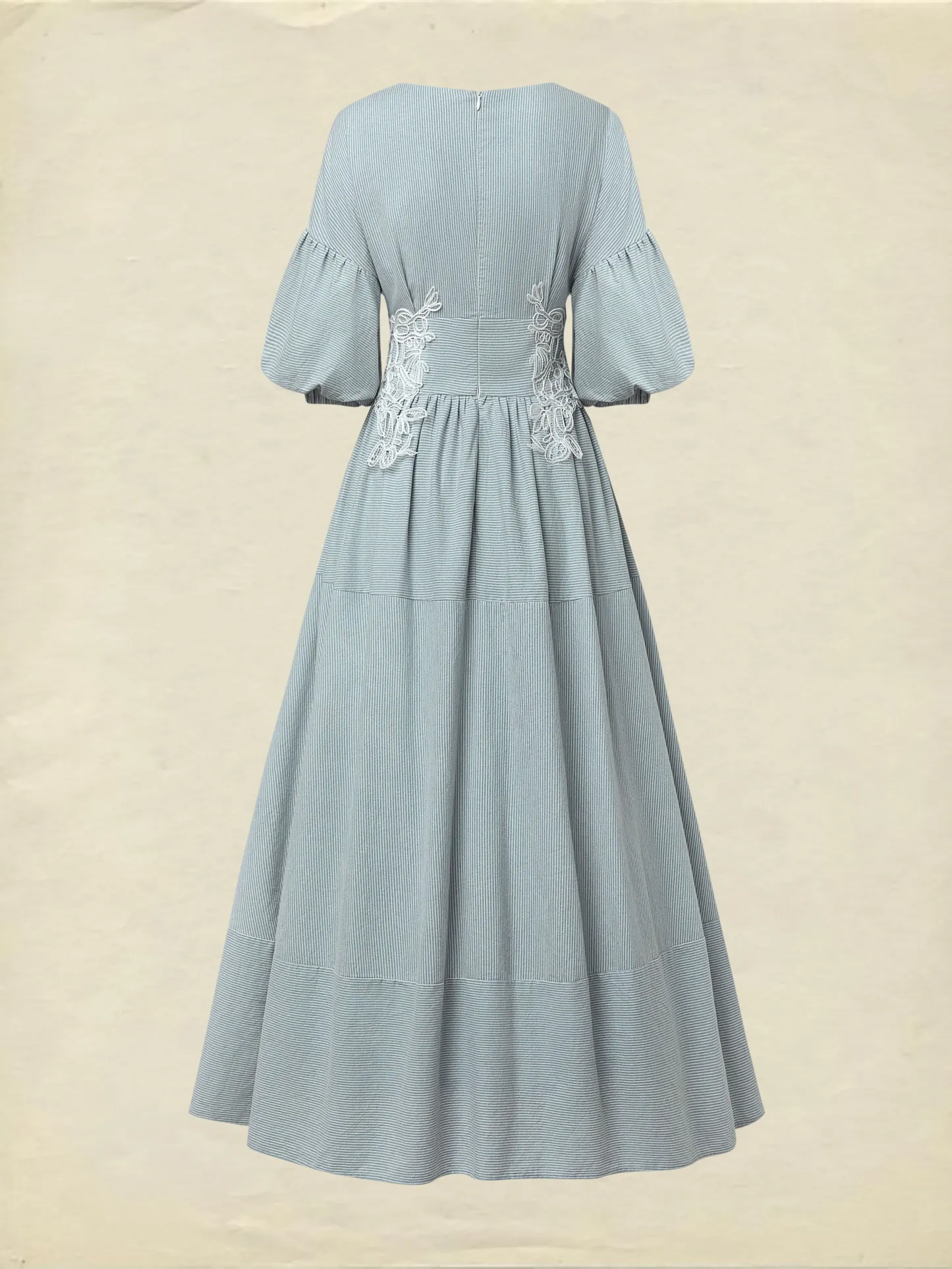 Maxi Cotton Dress, Half Sleeve, V Neck, Plaid, Lace, Vintage, Blue - Blue