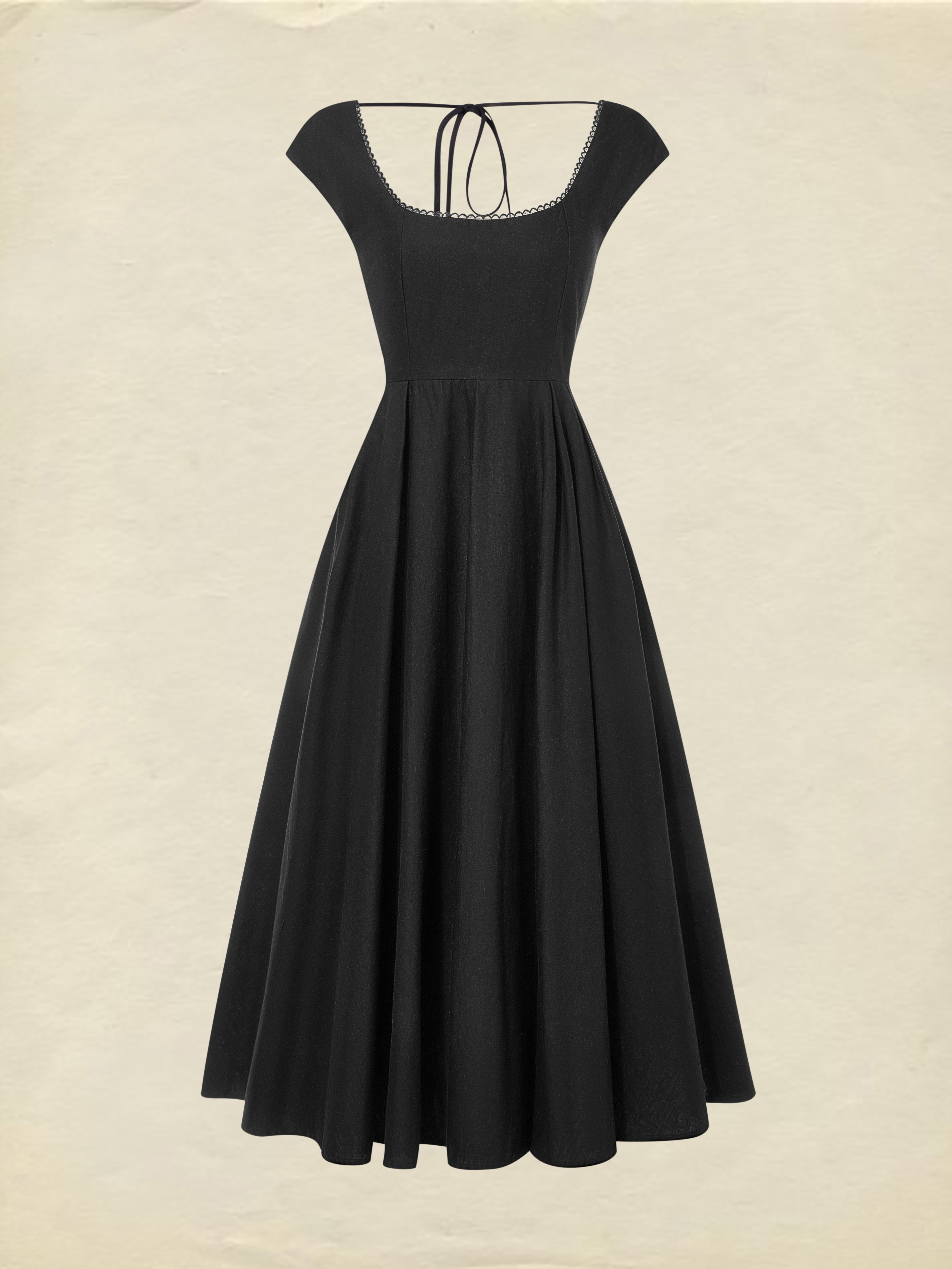 Midi Linen Dress, Sleeveless, Lace Collar, Plain, Lace, French Vintage, Black - Black