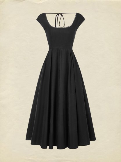Midi Linen Dress, Sleeveless, Lace Collar, Plain, Lace, French Vintage, Black - Black