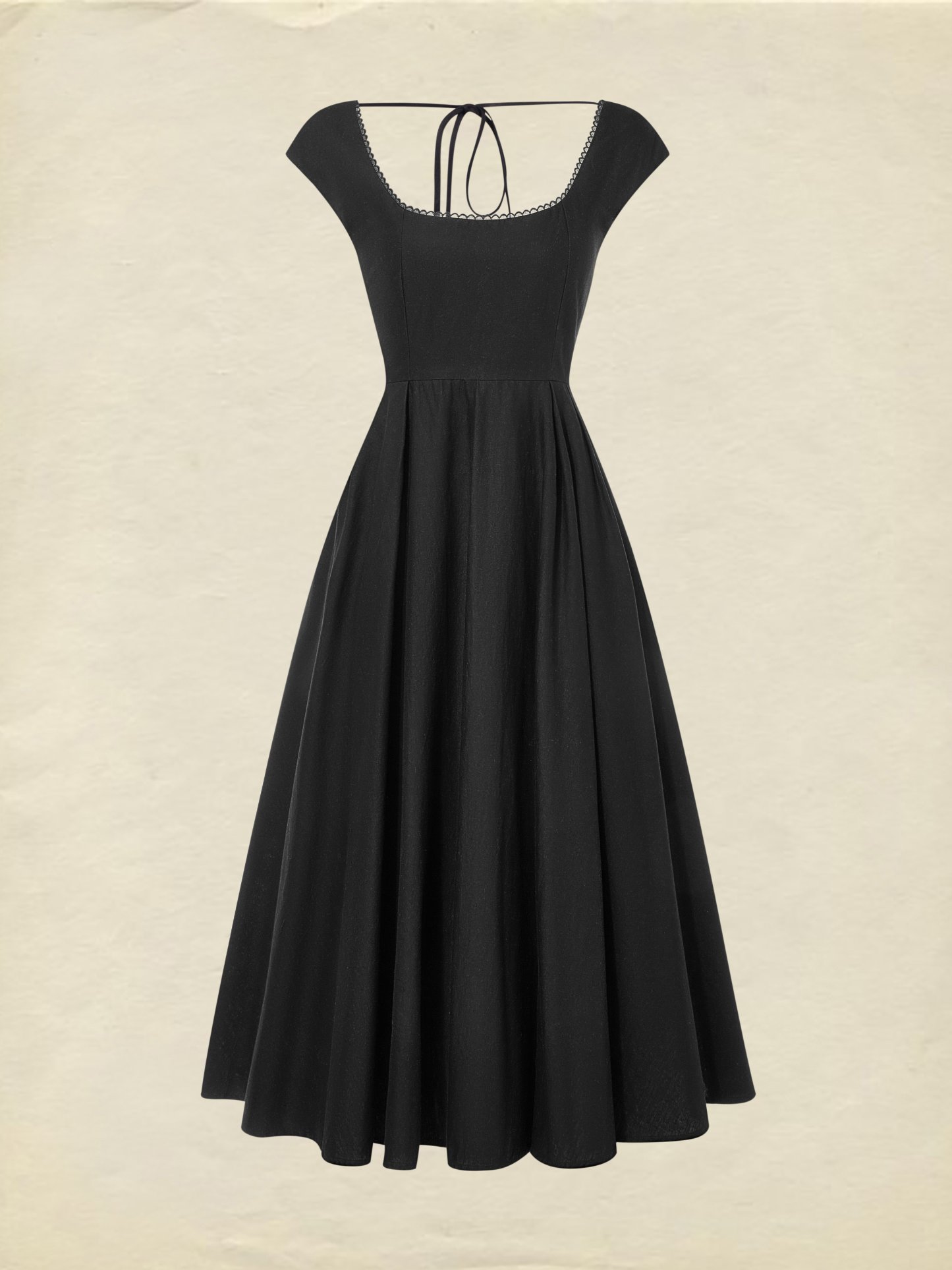 Midi Linen Dress, Sleeveless, Lace Collar, Plain, Lace, French Vintage, Black - Black