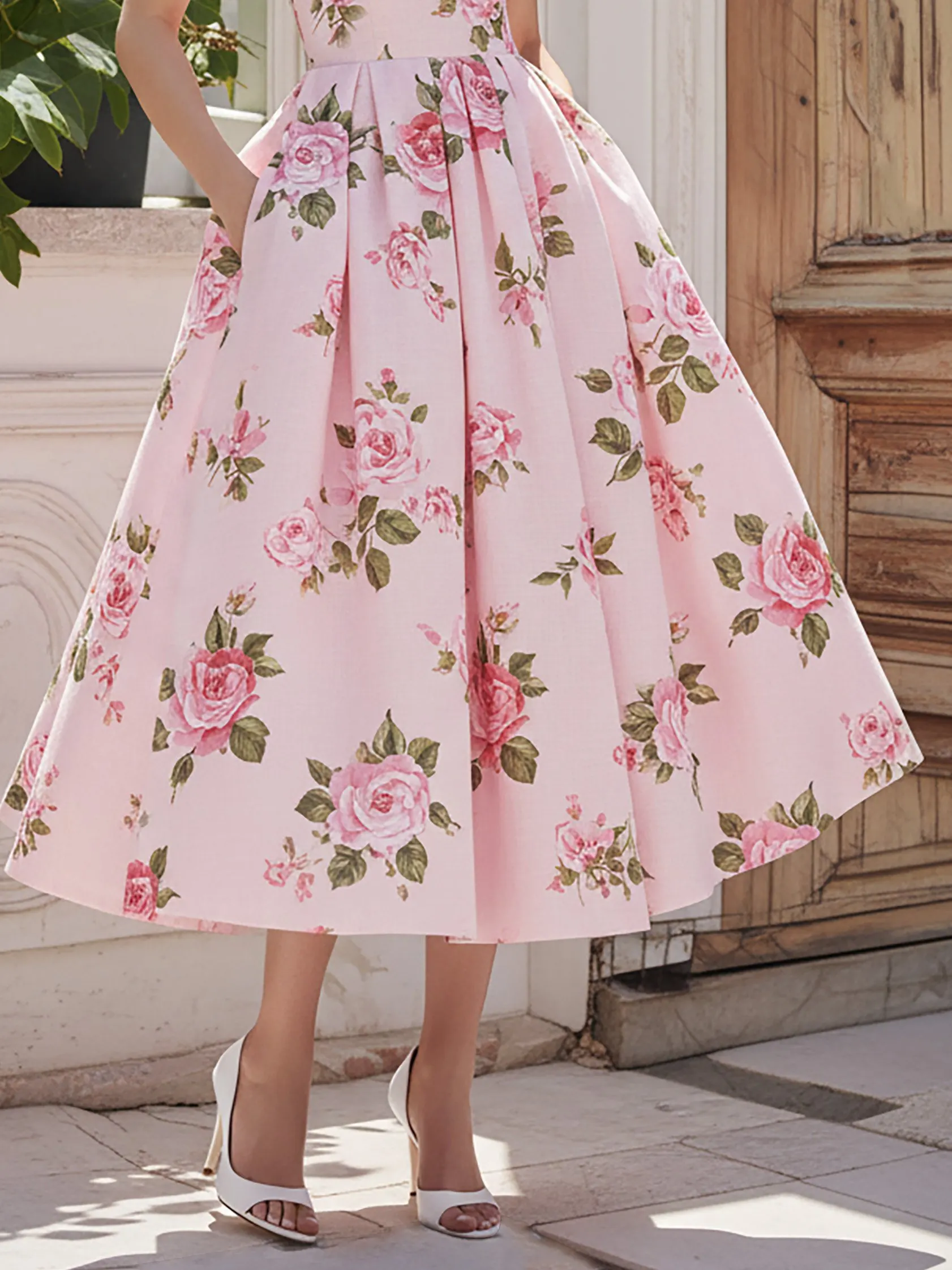 Midi Linen Dress, Sleeveless, Round Neck, Floral, Pocket Design, Vintage, Pink - Pink