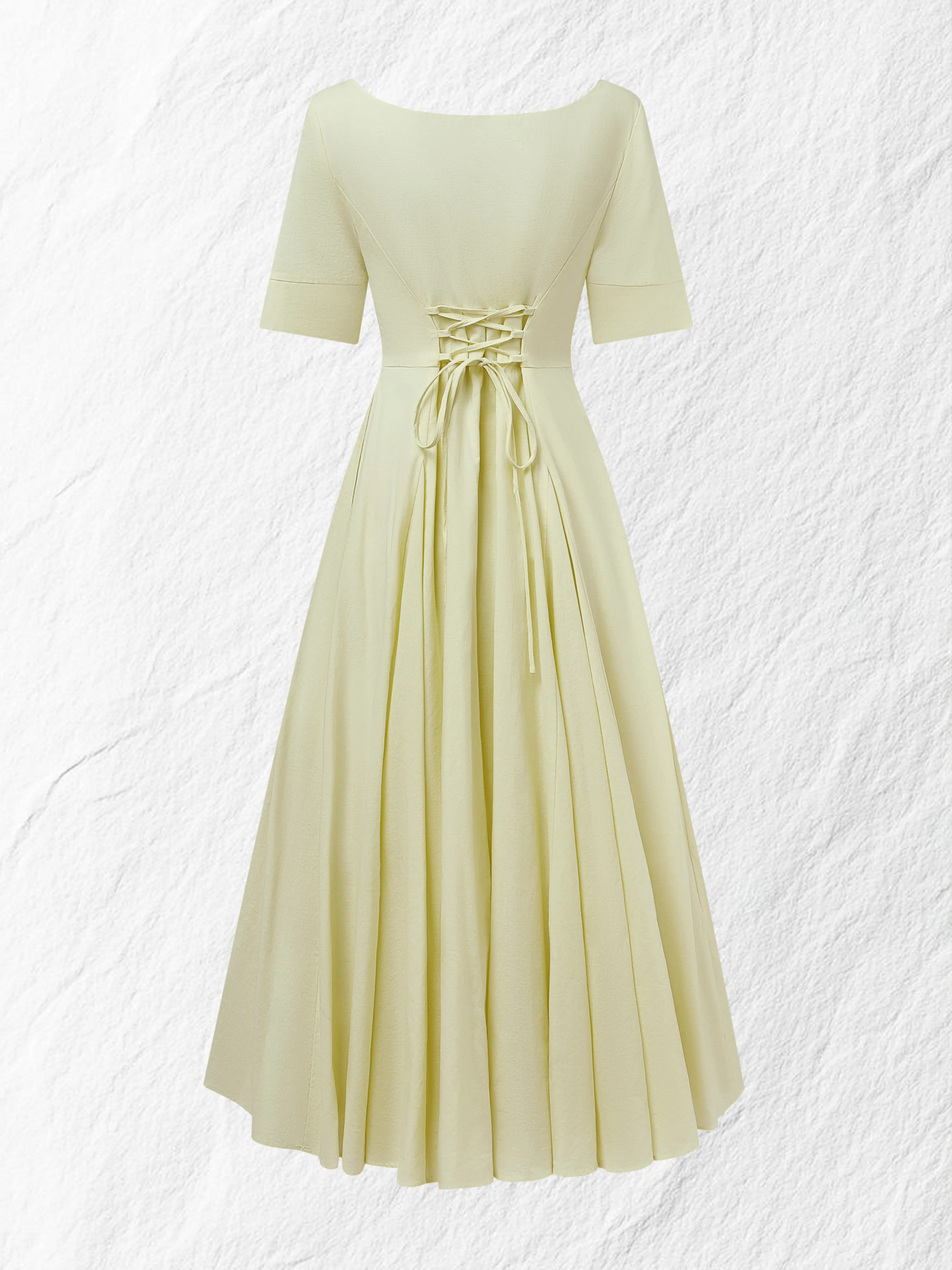 Maxi Linen Dress , Short Sleeves, Square Neck, Plain, Vacation, French Vintage, Light Yellow - Light Yellow
