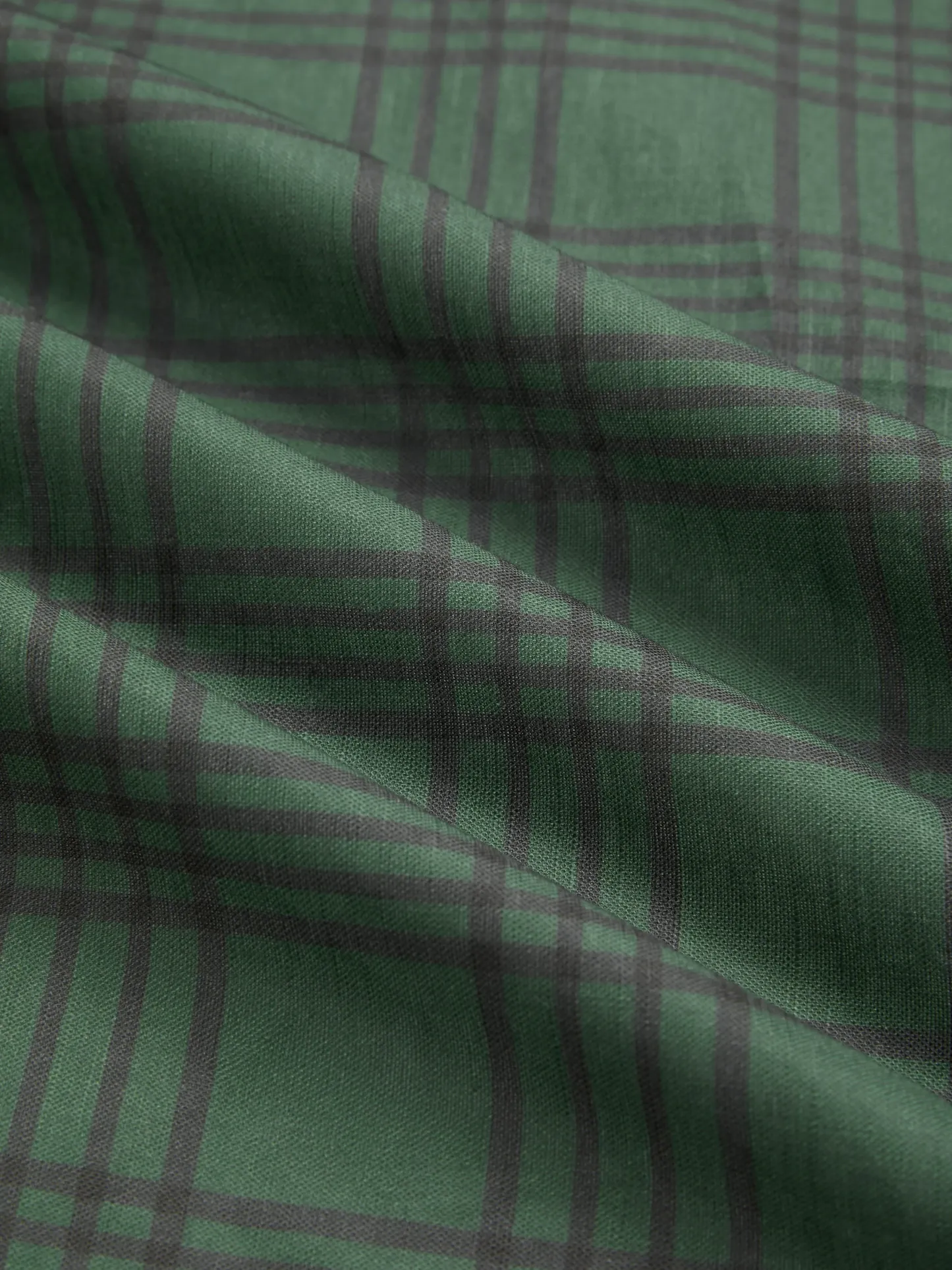 Maxi Linen Dress, Long Sleeves, V Neck, Plaid, Lace, Vintage, Deep Green - Deep Green