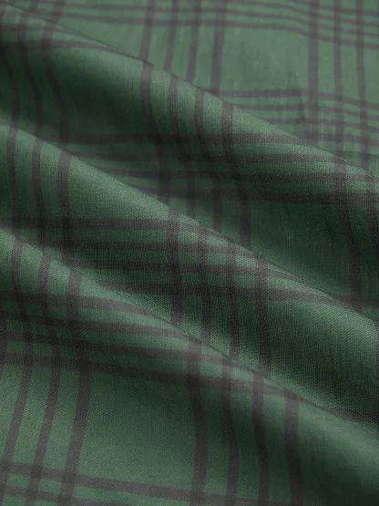 Maxi Linen Dress, Long Sleeves, V Neck, Plaid, Lace, Vintage, Deep Green - Deep Green