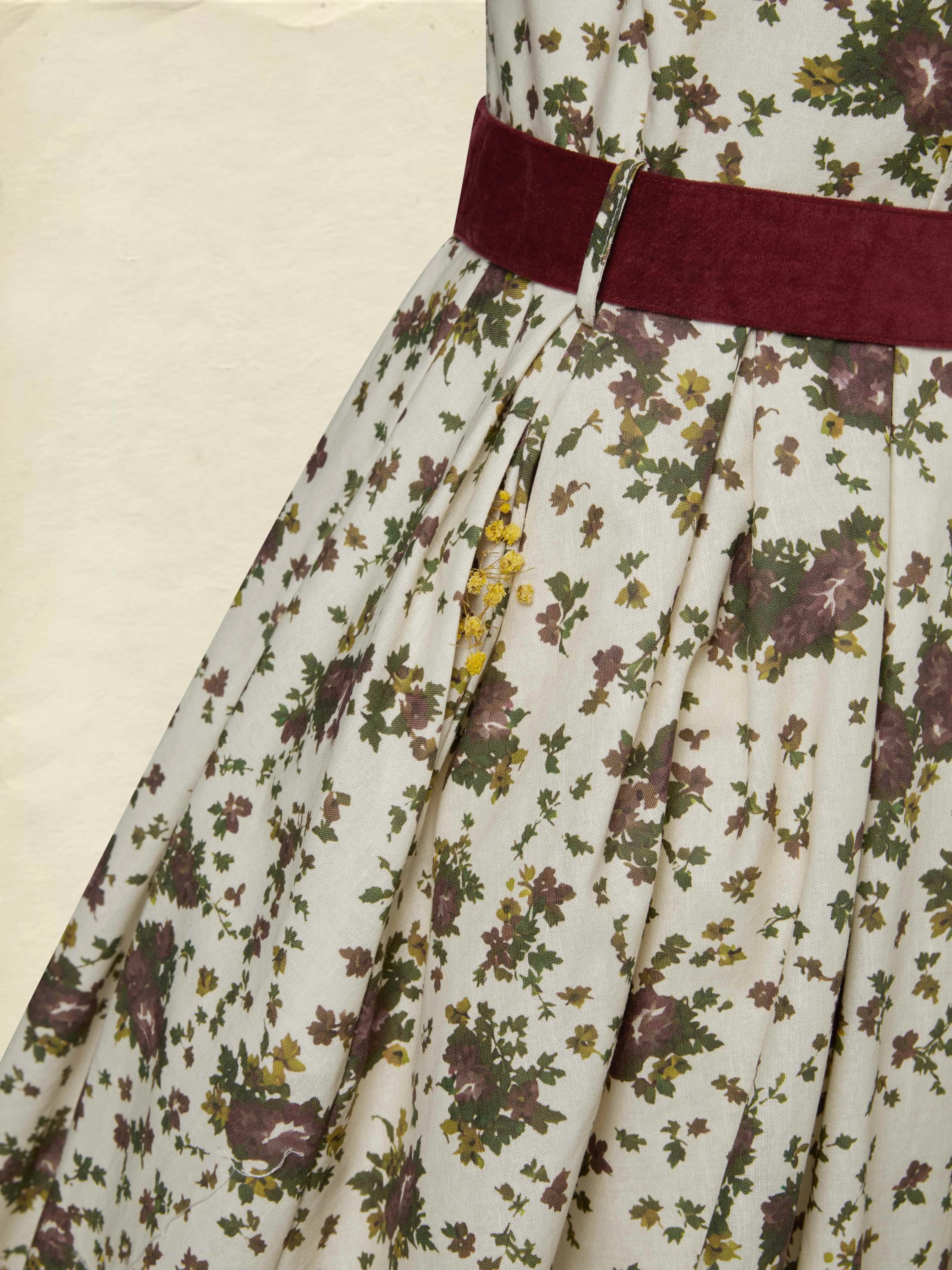 Midi Linen Dress, Long Sleeves, Shawl Collar, Floral, Belt Design, Vintage, Apricot - Apricot