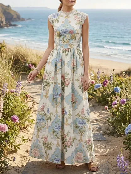 Maxi Linen Dress, Cap Sleeves, Lace Collar, Floral, Lace, Vacation, Vintage, White - White