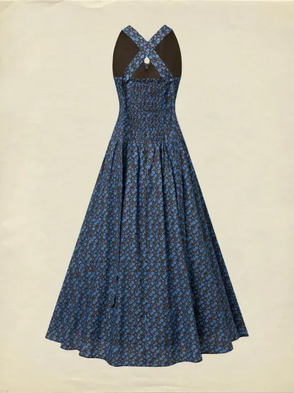 Maxi Cotton Dress, Sleeveless, V Neck, Floral, Lace, Vintage, Blue - Blue