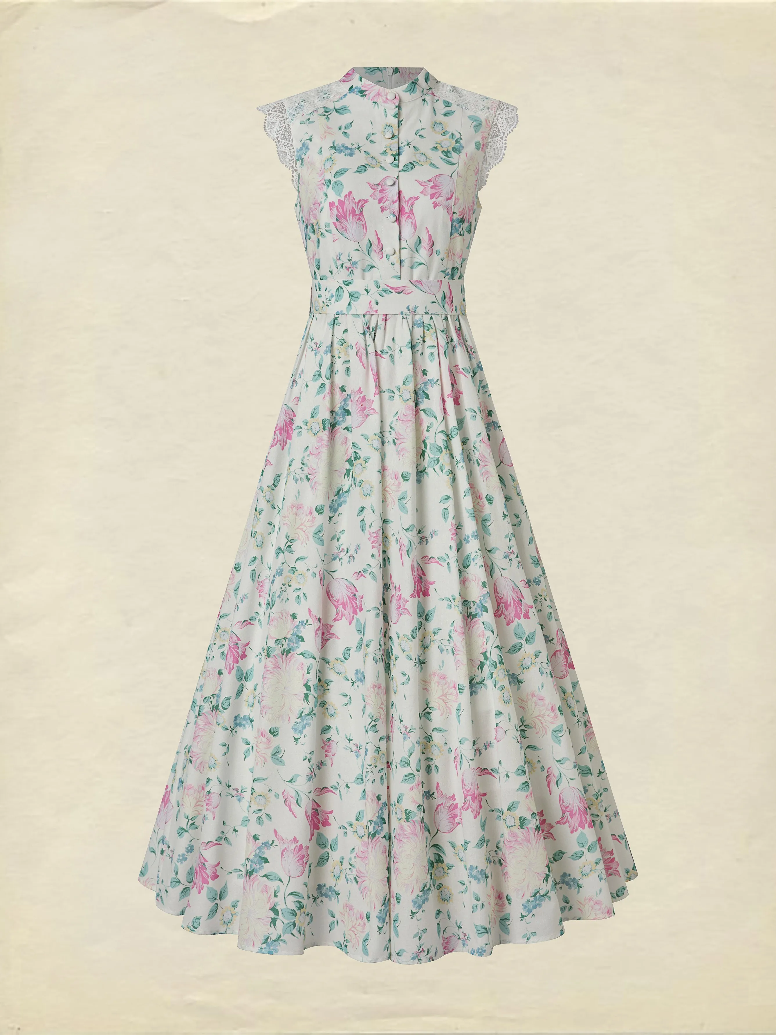 Maxi Cotton Dress, Sleeveless, V Neck, Floral, Lace, Vacation, Vintage, Apricot - Apricot