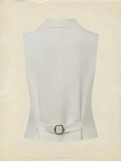 Linen Vest, Sleeveless, Shawl Collar, Plain, Button Design, Vacation, Vintage, White - White