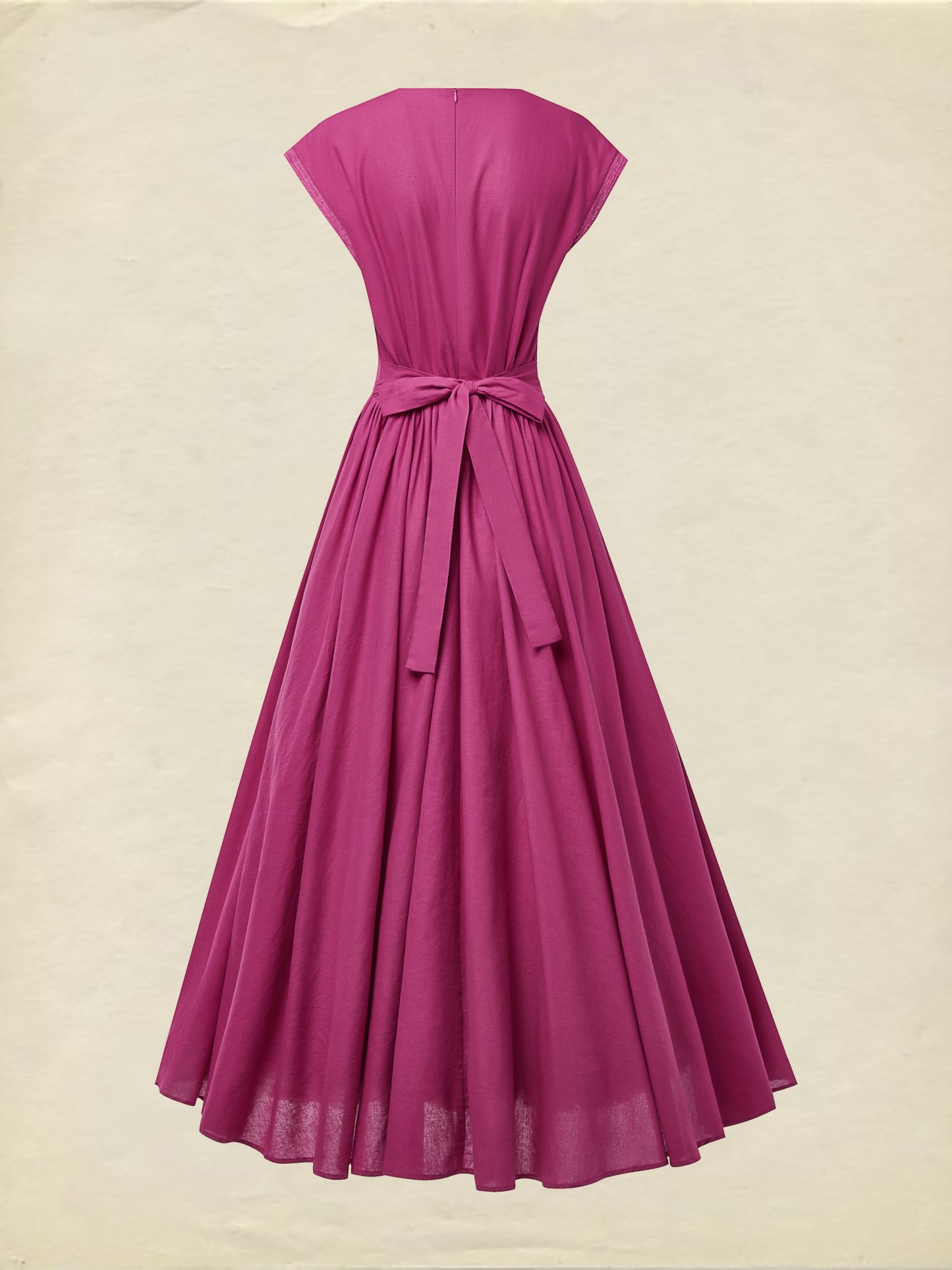 Maxi Linen Dress , Cap Sleeves, V Neck, Plain, Lace, Vintage, Rose Red - Rose Red