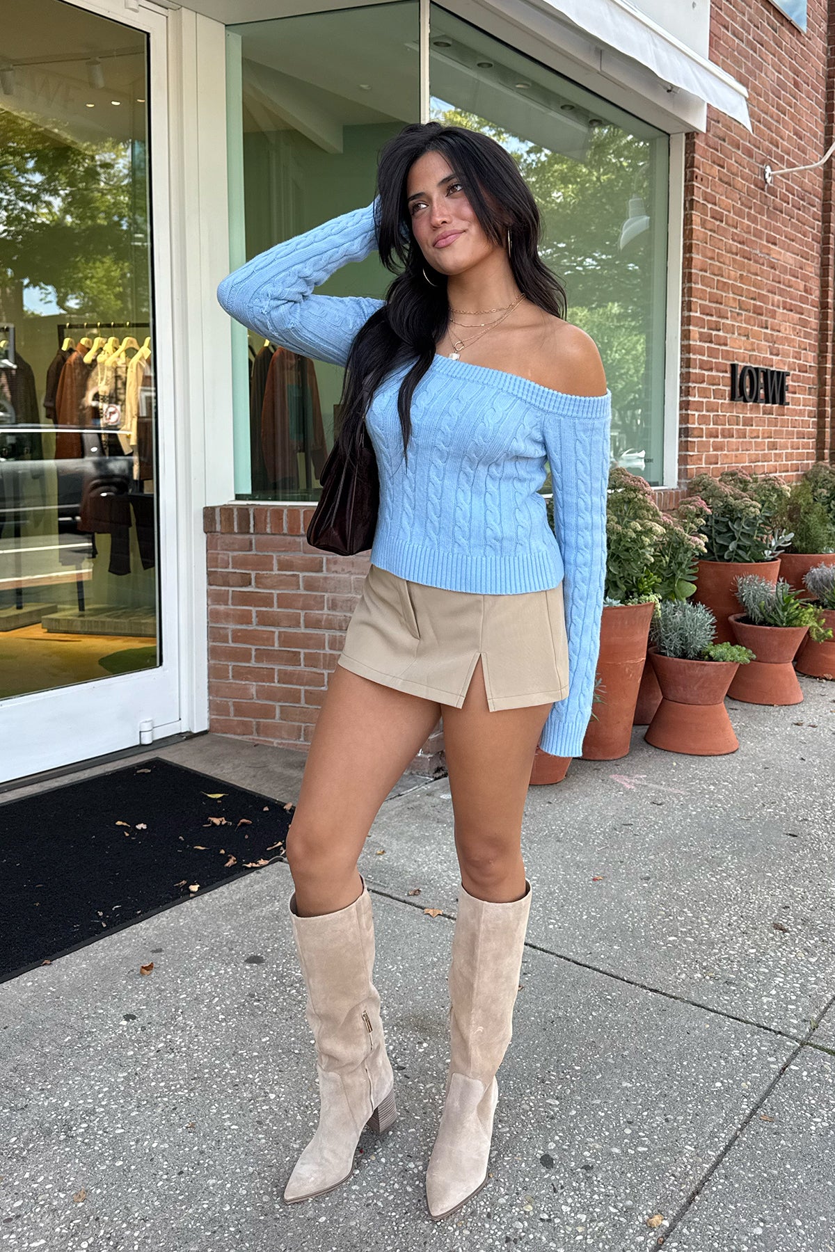 Taniza Off Shoulder Cable Knit Sweater - LIGHT-BLUE