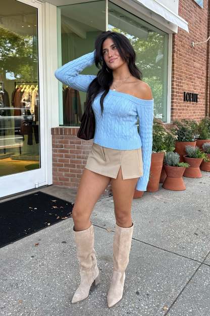 Taniza Off Shoulder Cable Knit Sweater - LIGHT-BLUE