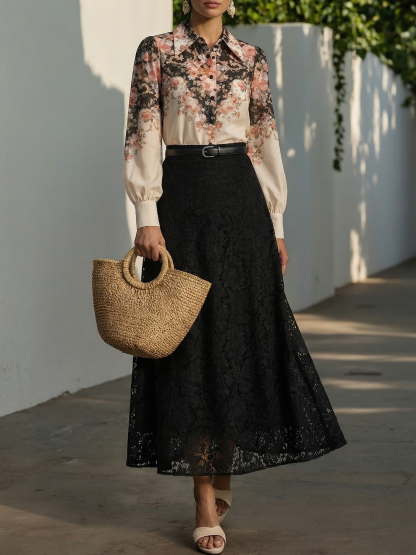 Maxi  Skirt, Floral, Lace, Vacation, Vintage, Black - Black