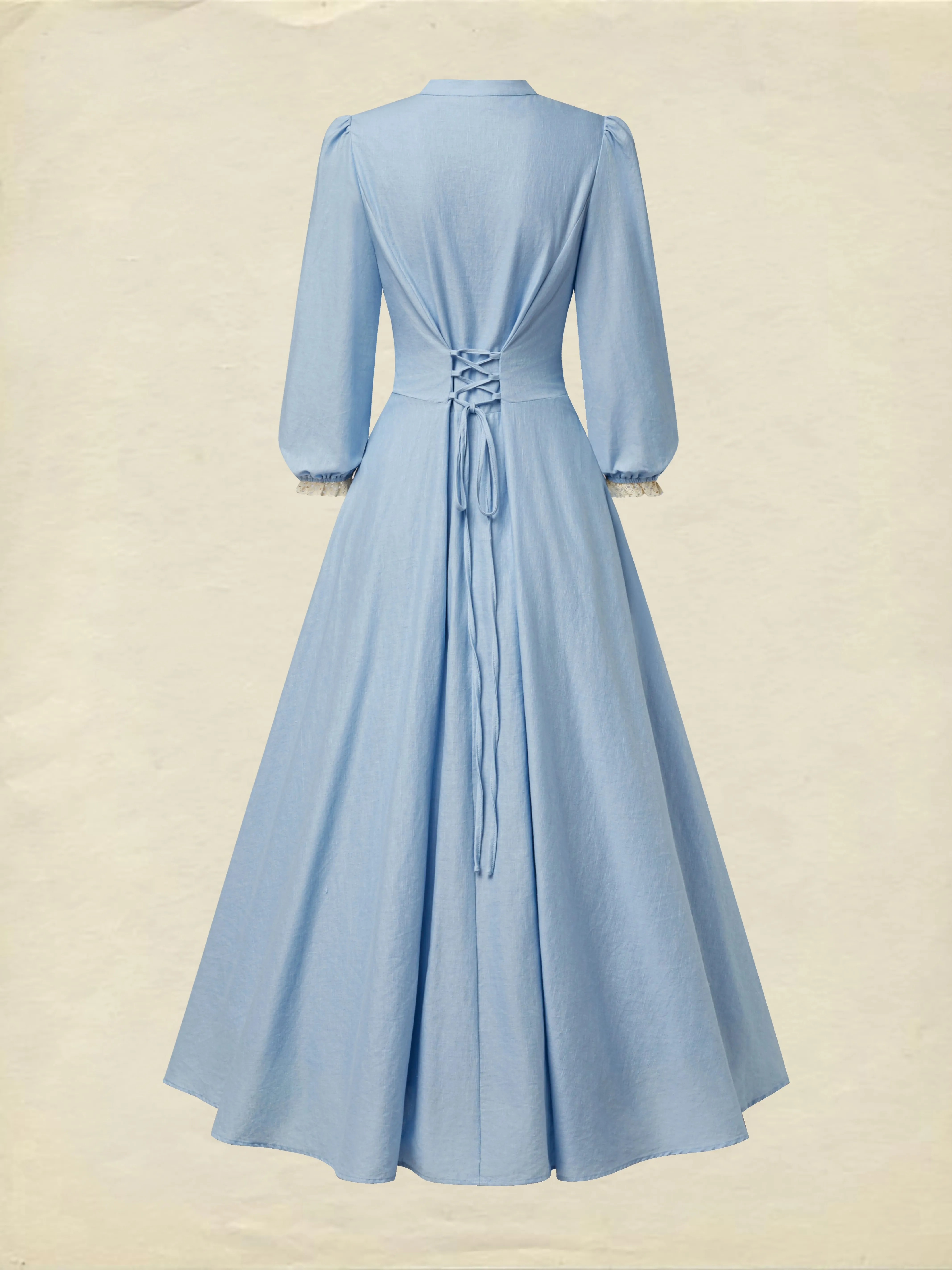 Midi Cotton Dress, Half Sleeve, V Neck, Plain, Lace, Vintage, Blue - Blue