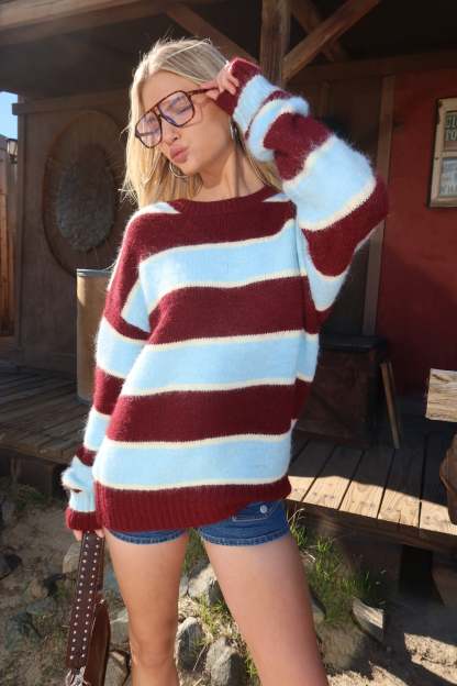 Conrad Striped Sweater - BURGUNDY-AND-BLUE