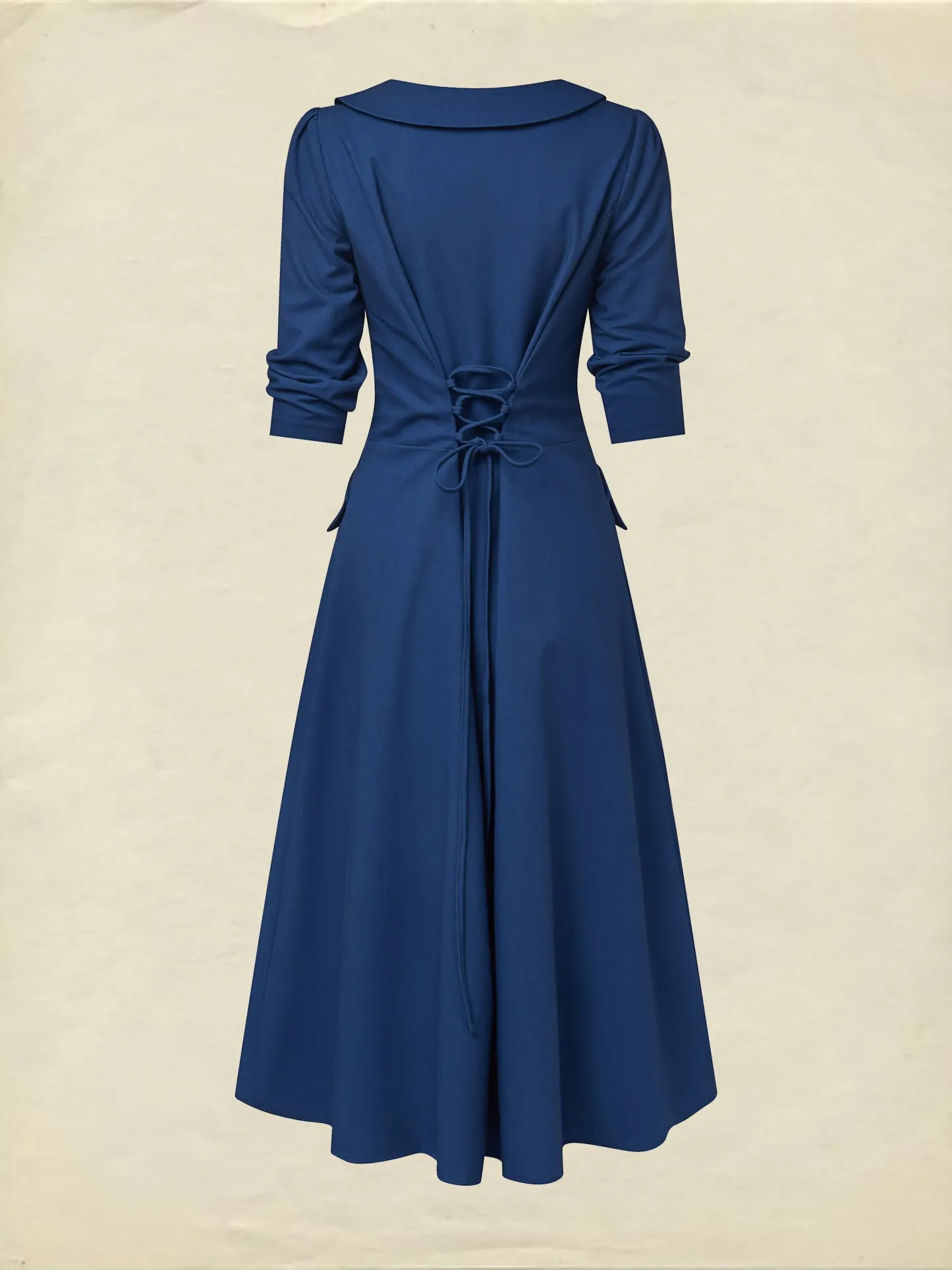 Midi Linen Dress, Half Sleeve, Shawl Collar, Plain, Button Design, Vintage, Dark Blue - Dark_blue