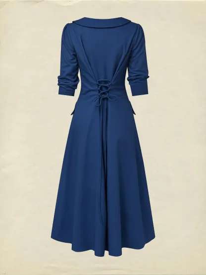 Midi Linen Dress, Half Sleeve, Shawl Collar, Plain, Button Design, Vintage, Dark Blue - Dark_blue