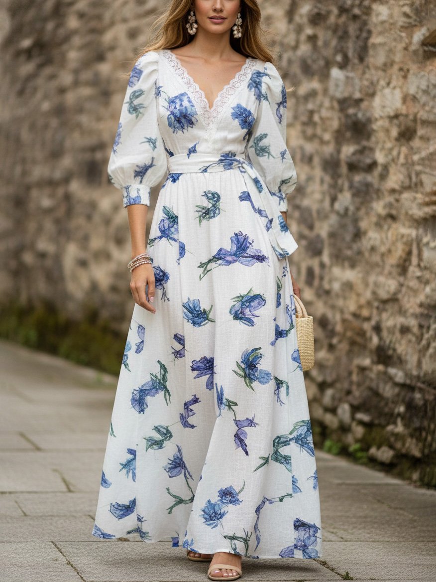Maxi Linen Dress, Half Sleeve, V Neck, Floral, Lace, Vacation, Vintage, Blue - Blue