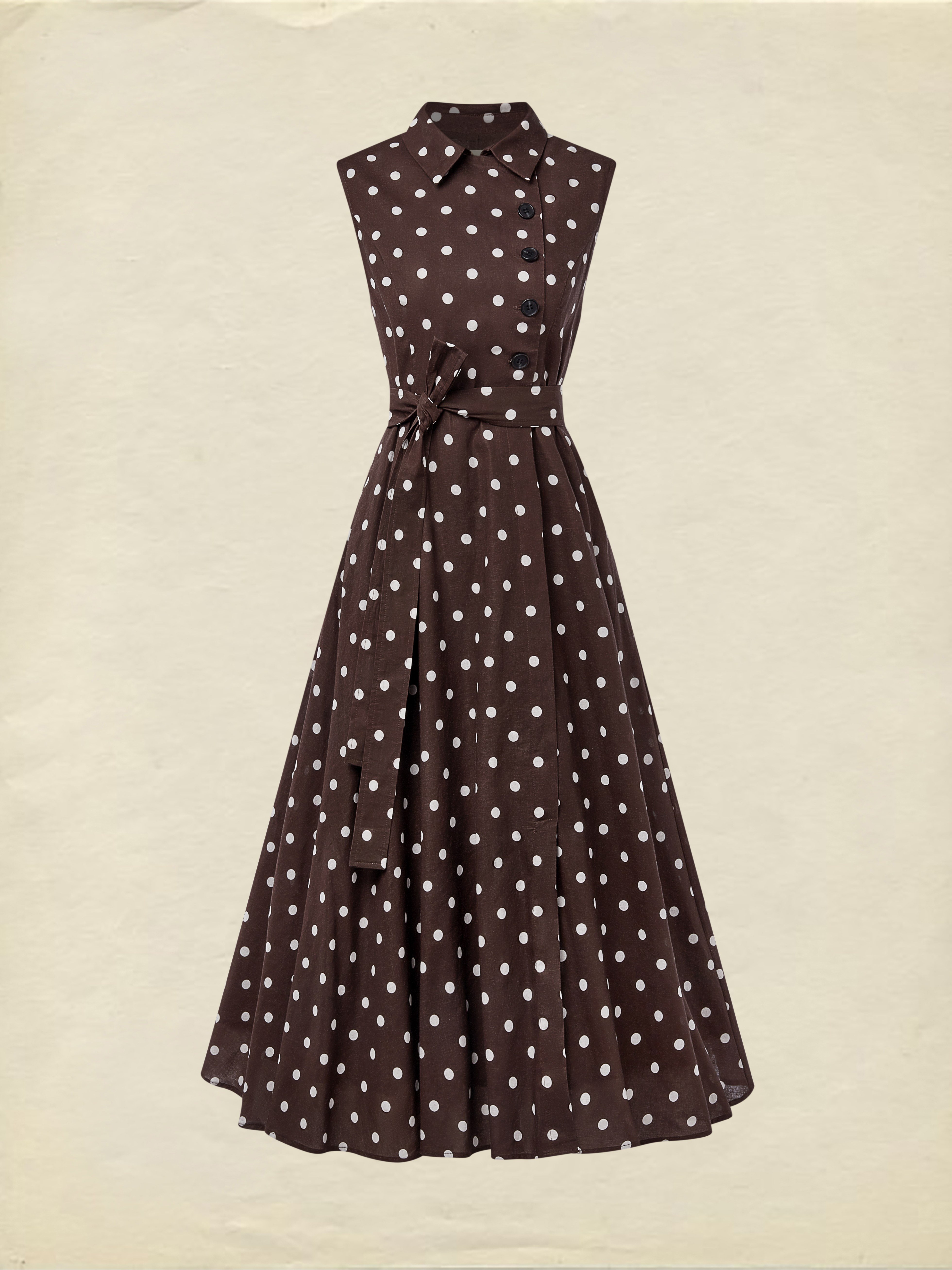 Midi Cotton Dress , Sleeveless, Shawl Collar, Polka Dots, Button Design, French Vintage, Coffee - Coffee
