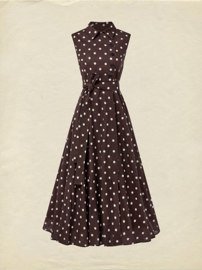 Midi Cotton Dress , Sleeveless, Shawl Collar, Polka Dots, Button Design, French Vintage, Coffee - Coffee