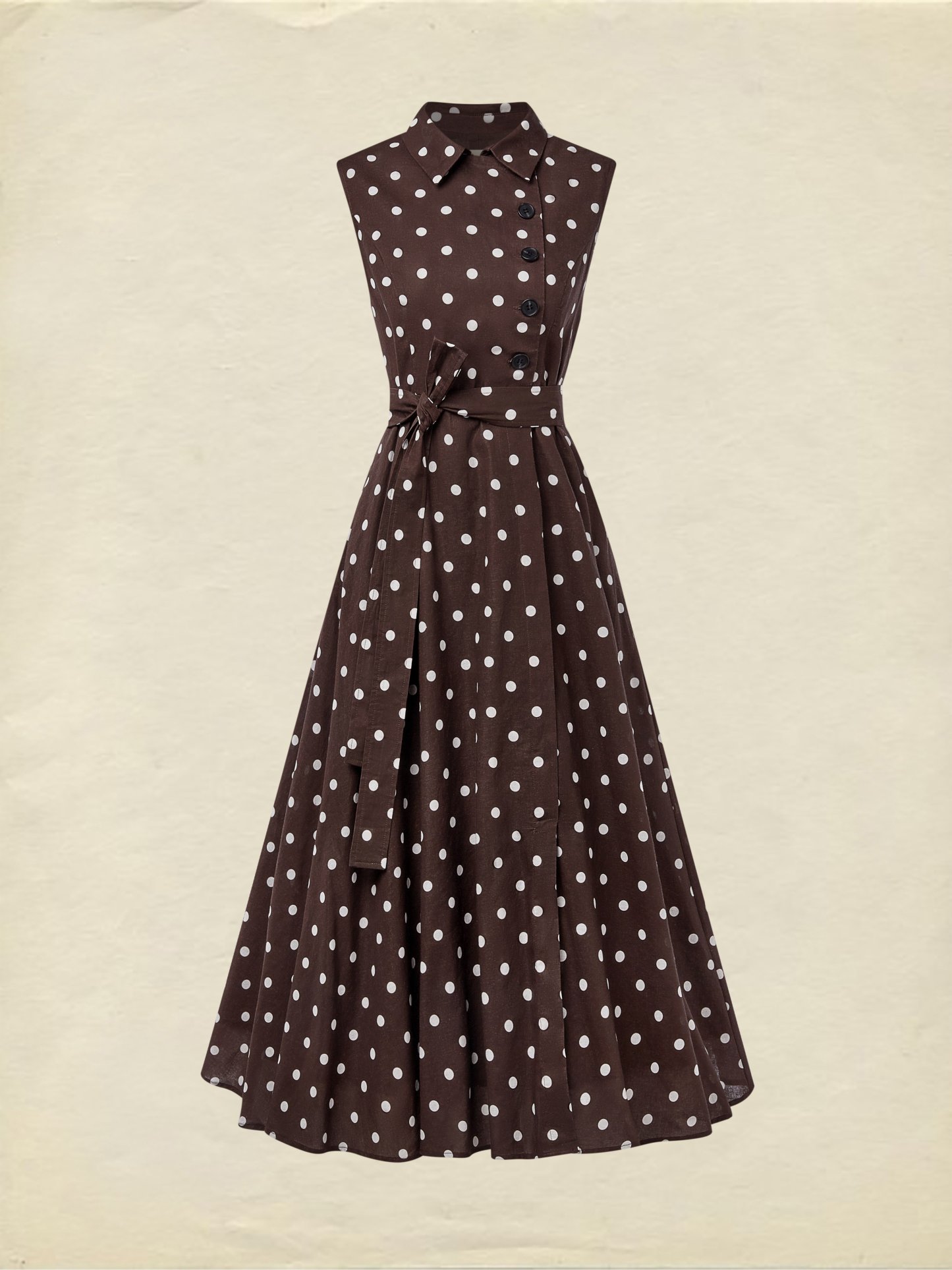 Midi Cotton Dress , Sleeveless, Shawl Collar, Polka Dots, Button Design, French Vintage, Purplish Blue - Purplish Blue