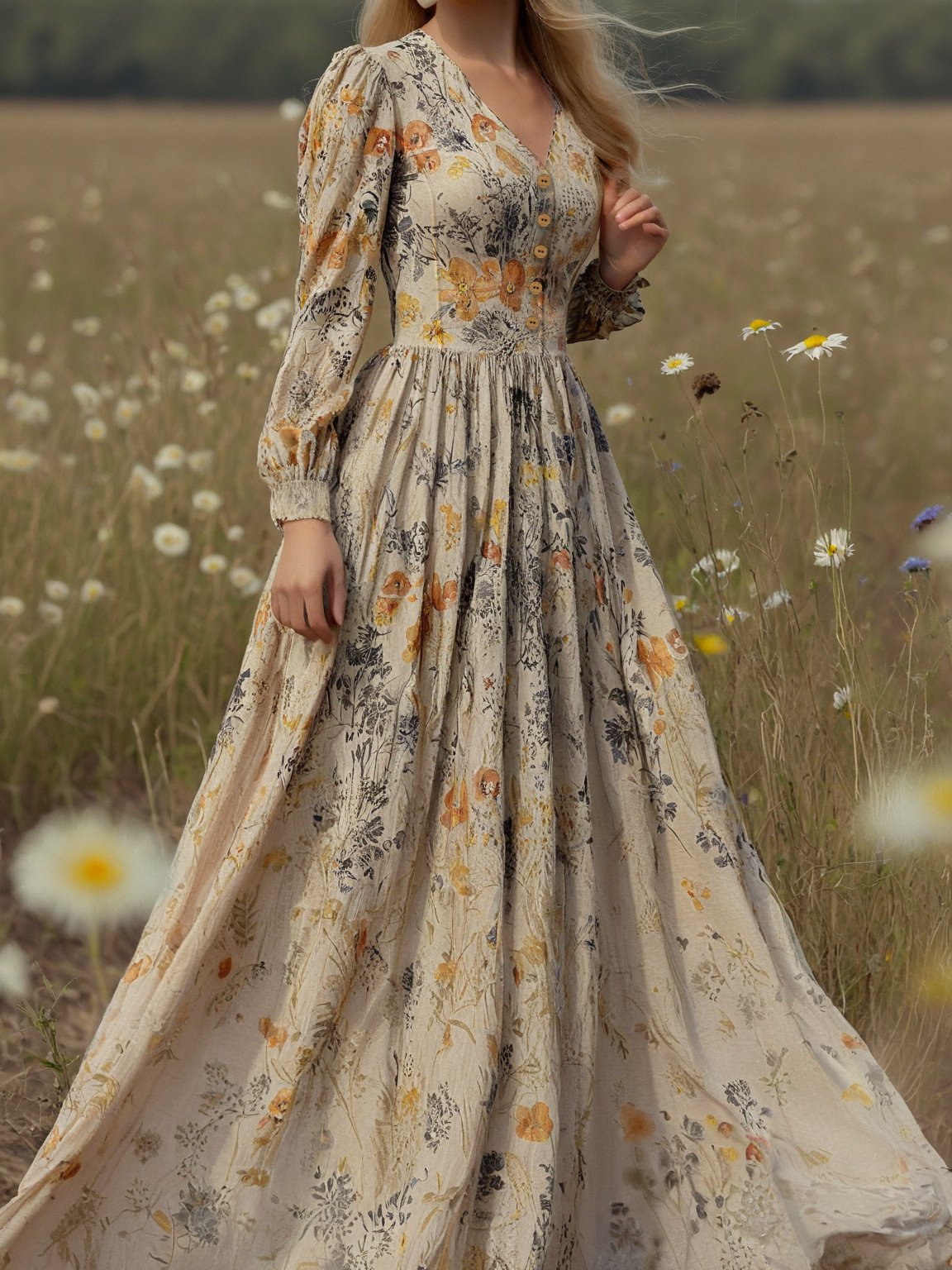 Linen Maxi Dress, Long Sleeves, V Neck, Floral, Apricot,Daily - Light Khaki