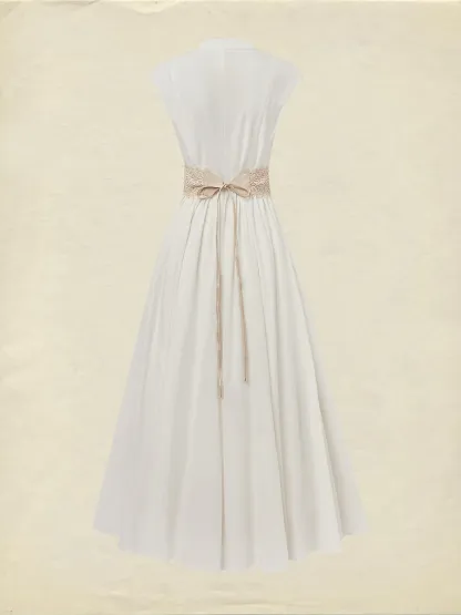 Maxi Linen Dress , Cap Sleeves, V Neck, Plain, Lace, Vintage, White - White