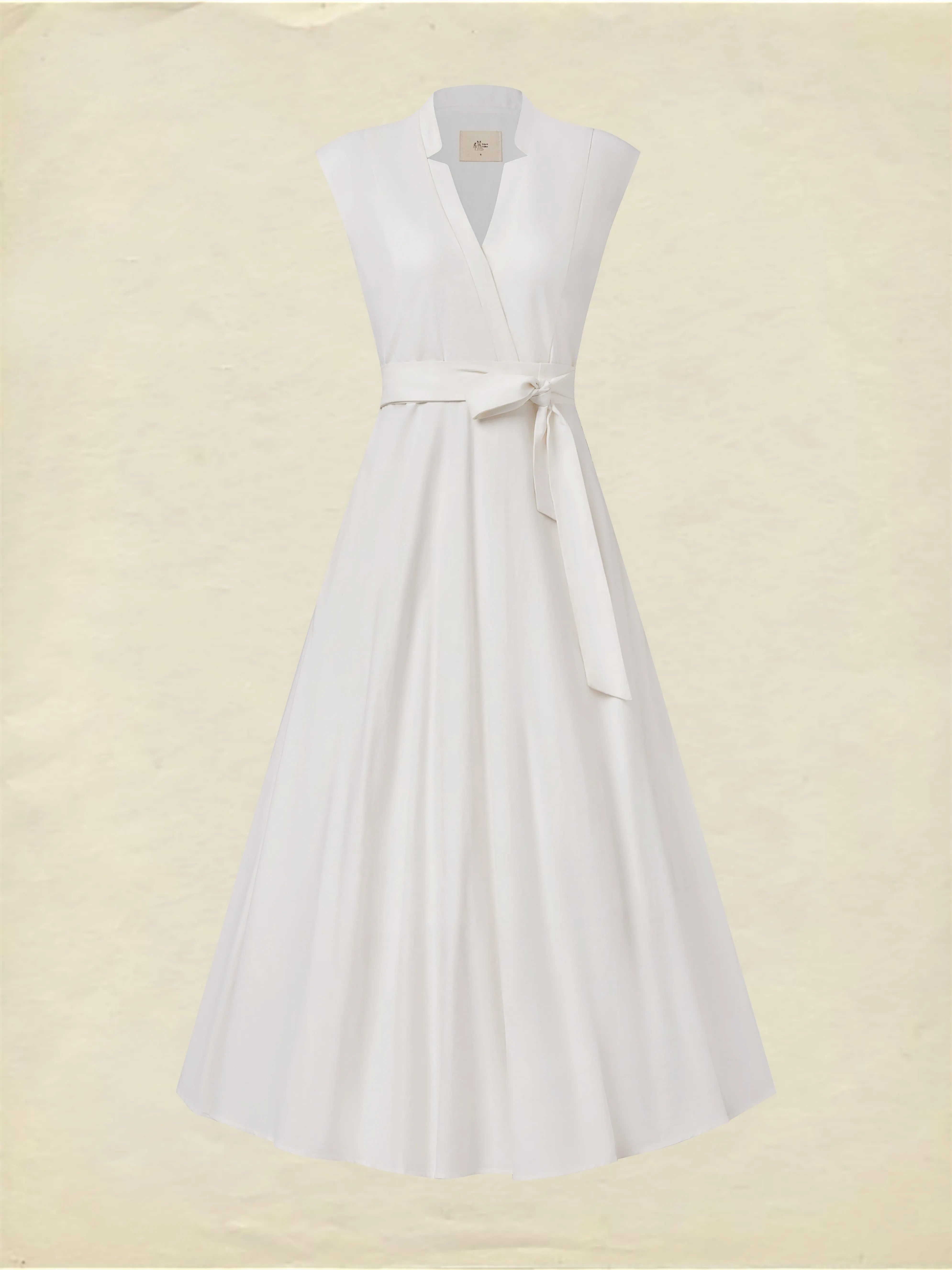 Midi Linen Dress , Sleeveless, V Neck, Plain, Belt Design, Vintage, White - White