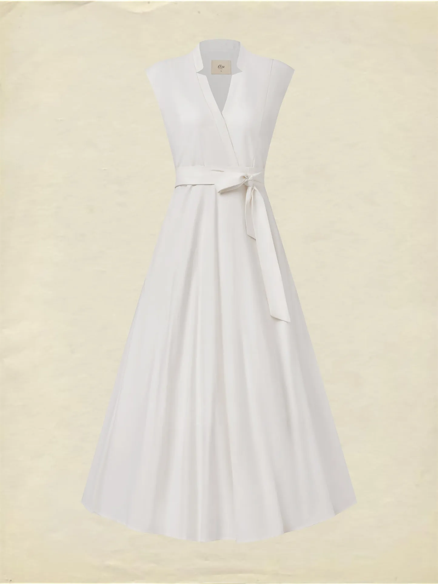 Midi Linen Dress , Sleeveless, V Neck, Plain, Belt Design, Vintage, White - White