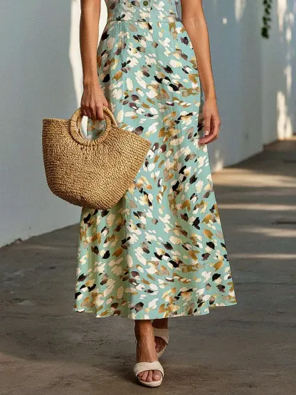 Maxi Linen Dress, Cap Sleeves, Shawl Collar, Leopard, Animal Print, Button Design, Vacation, Vintage, mint - mint