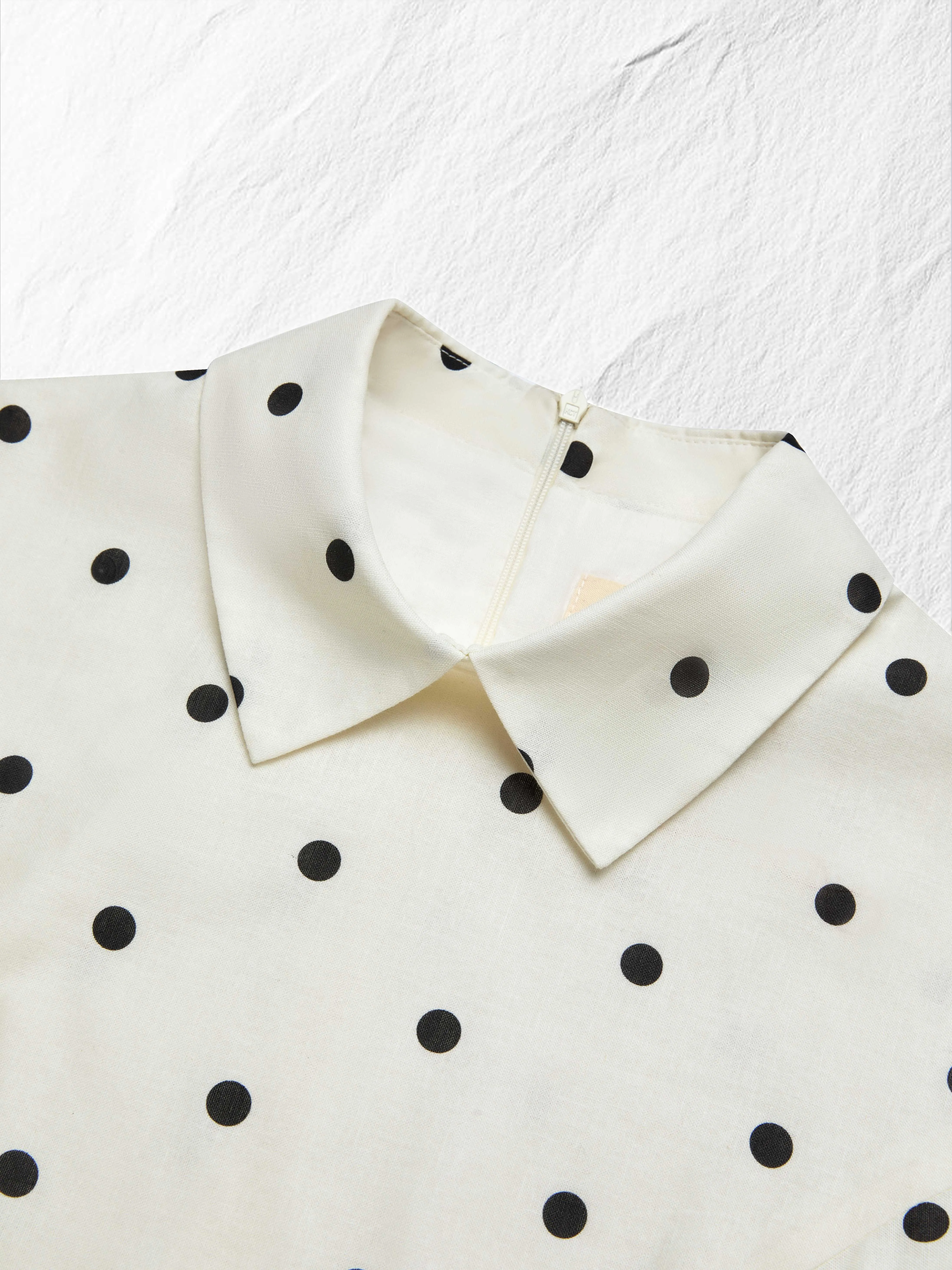 Maxi Linen Dress, Short Sleeves, Shawl Collar, Polka Dots, French Vintage, Off White - Off White