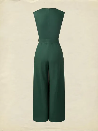 Linen Jumpsuit , Sleeveless, V Neck, Plain, Button Design, Vintage, Green - Green