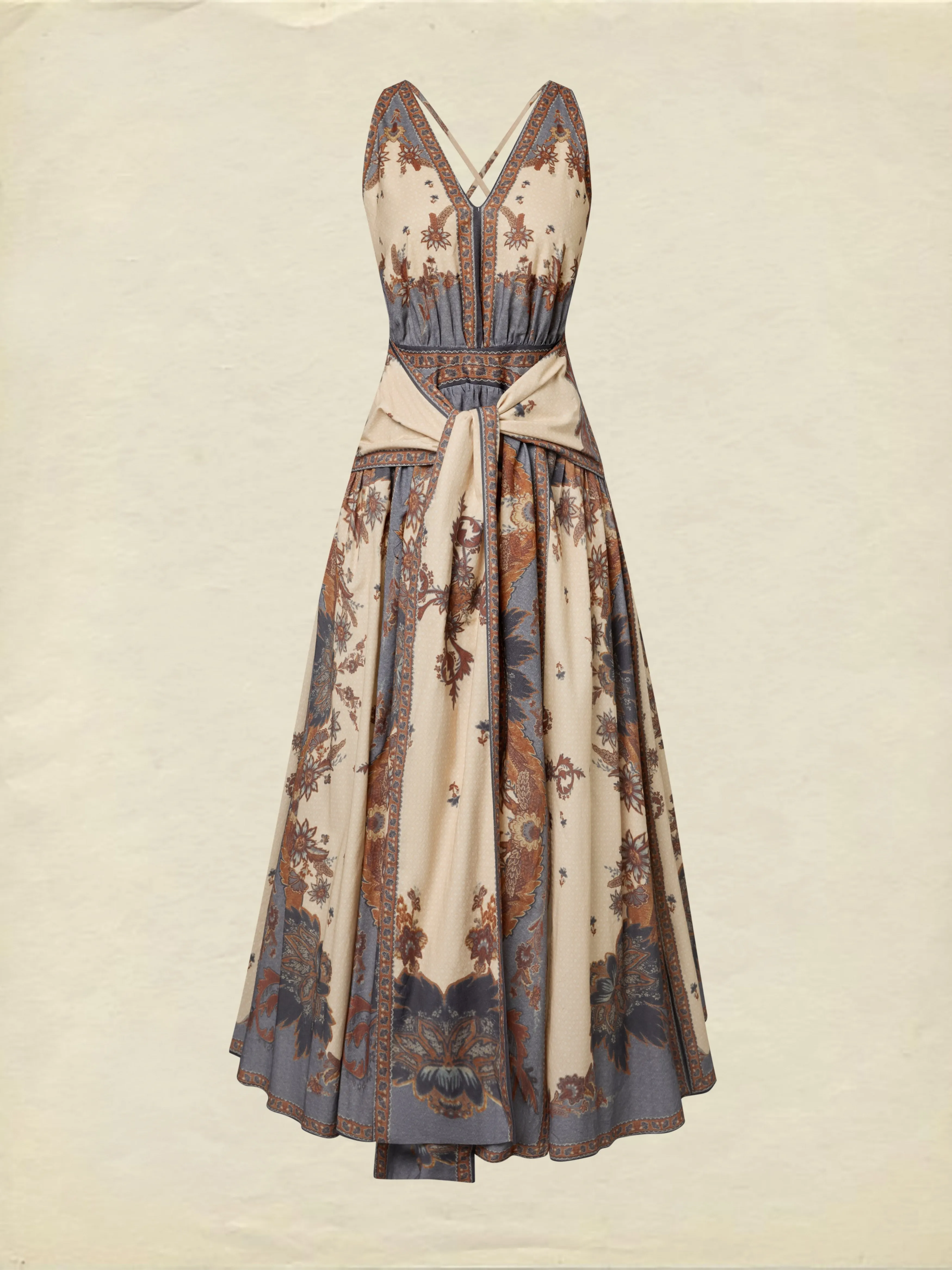 Maxi Cotton Dress, Sleeveless, V Neck, Floral, Belt Design, Vacation, Vintage, Apricot - Apricot