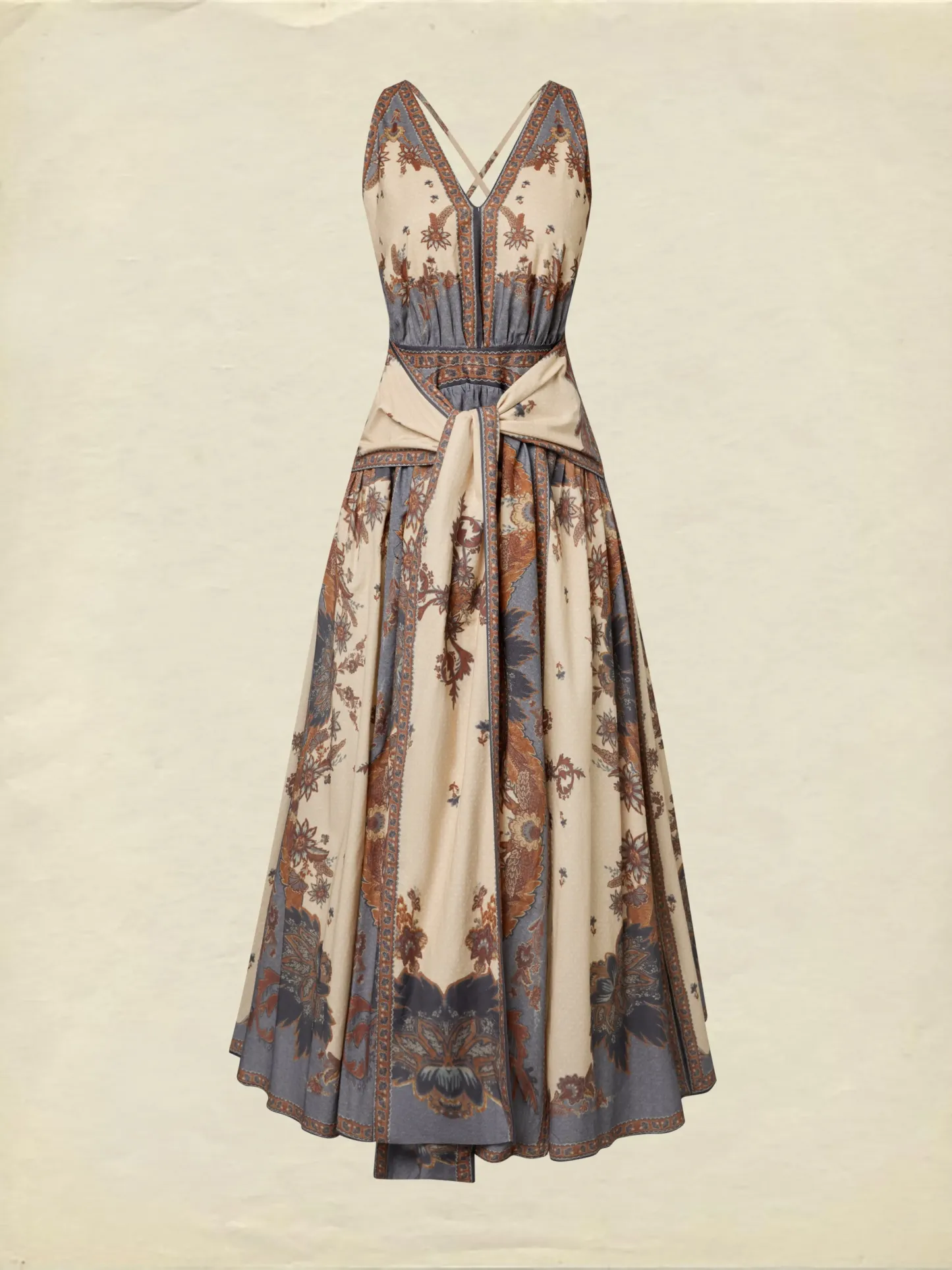 Maxi Cotton Dress, Sleeveless, V Neck, Floral, Belt Design, Vacation, Vintage, Apricot - Apricot